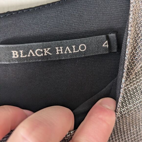 Black Halo Angie Jumpsuit Metallic Silver Black Flared Cutout Size 4 - Picture 10 of 16